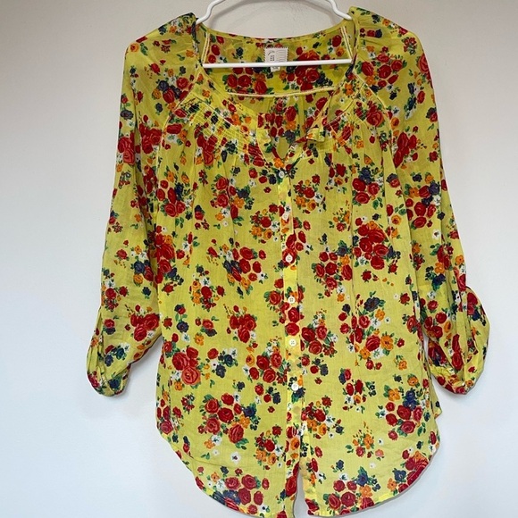 Anthropologie Postmark Womens Yellow Floral Blouse Long Sleeve Peasant 4 - Picture 2 of 7